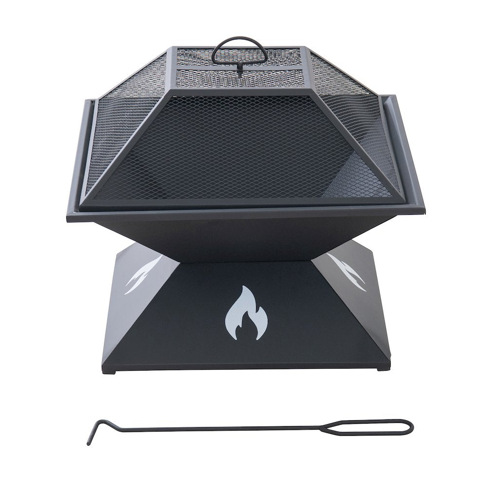 20-Inch Outdoor Steel Firepit with Spark Screen & Sleek Geometric Base