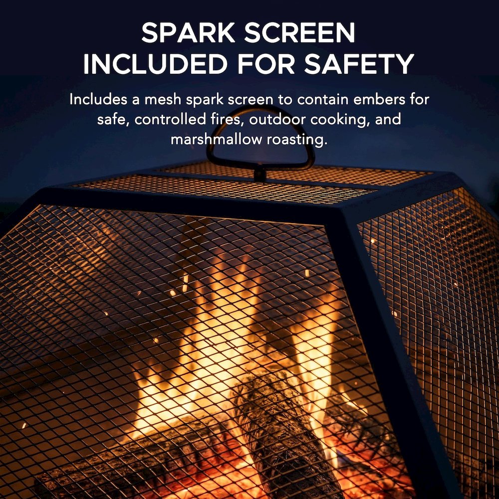 20-Inch Outdoor Steel Firepit with Spark Screen & Sleek Geometric Base