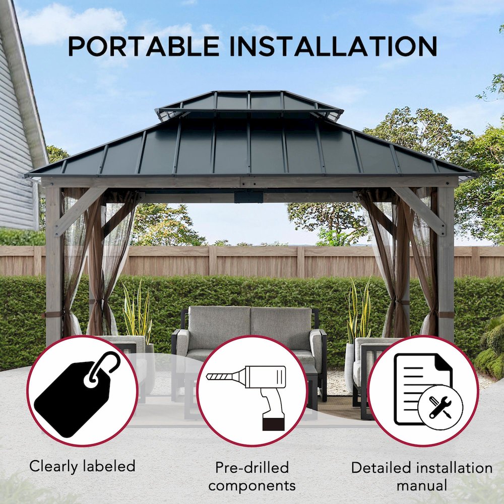 10 ft. x 12 ft. Cedar Wood Gazebo with Galvanized Steel Roof - Gray