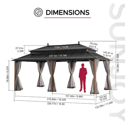 20 ft x 12 ft Hardtop Gazebo with Steel Roof, Woodgrain Aluminum Frame