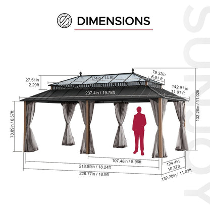 20 ft x 12 ft Aluminum Hardtop Gazebo with Polycarbonate Roof Hardtop, Woodgrain