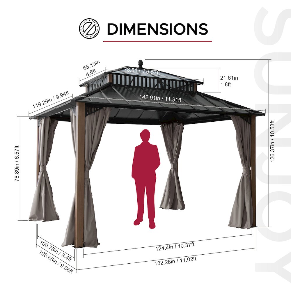 12 ft x 10 ft Hardtop Gazebo with Steel & PC Roof, Woodgrain Aluminum Frame