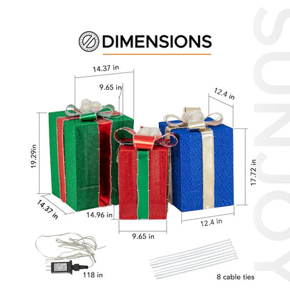 Sunjoy 3D Lighted Gift Box Tinsel Santa Holiday Outdoor Christmas Decoration Set
