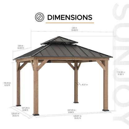 11 ft. x 11 ft. Brown 2-Tier Wooden Cedar Frame Patio Steel Hardtop Gazebo