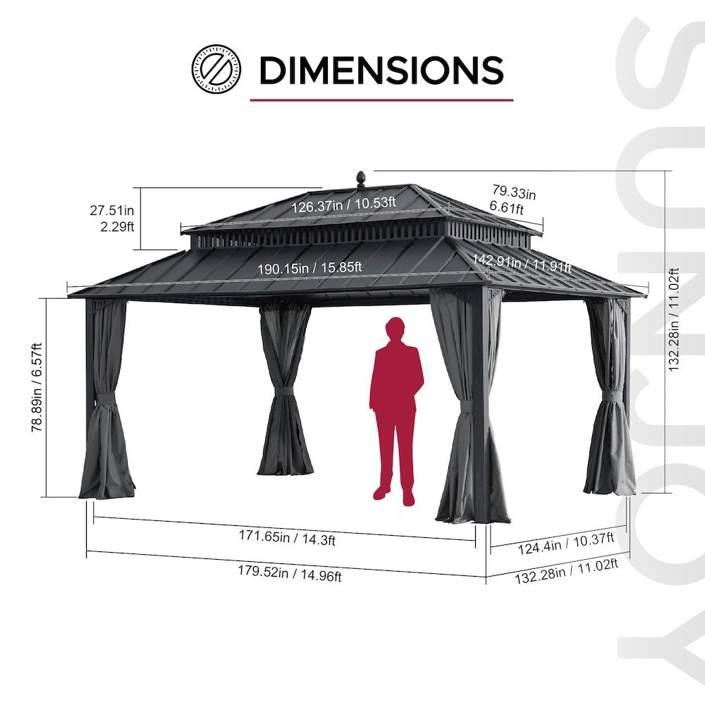 16 ft x 12 ft Aluminum Frame Steel Double Roof Hardtop Rectangular Gazebo, Grey