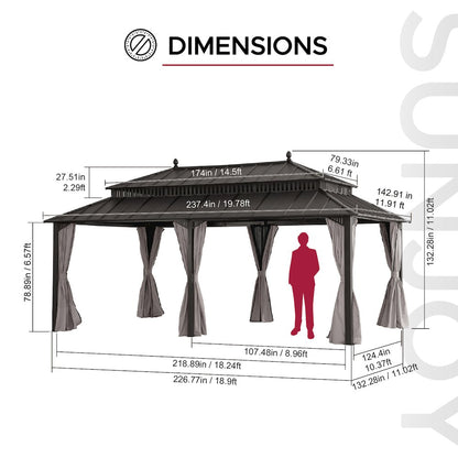 20 ft x 12 ft Aluminum Frame Steel Double Roof Hardtop Rectangular Gazebo, Brown