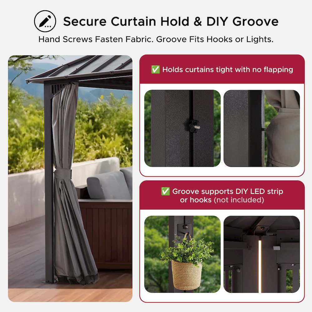 20 ft x 12 ft Aluminum Frame Steel Double Roof Hardtop Rectangular Gazebo, Brown