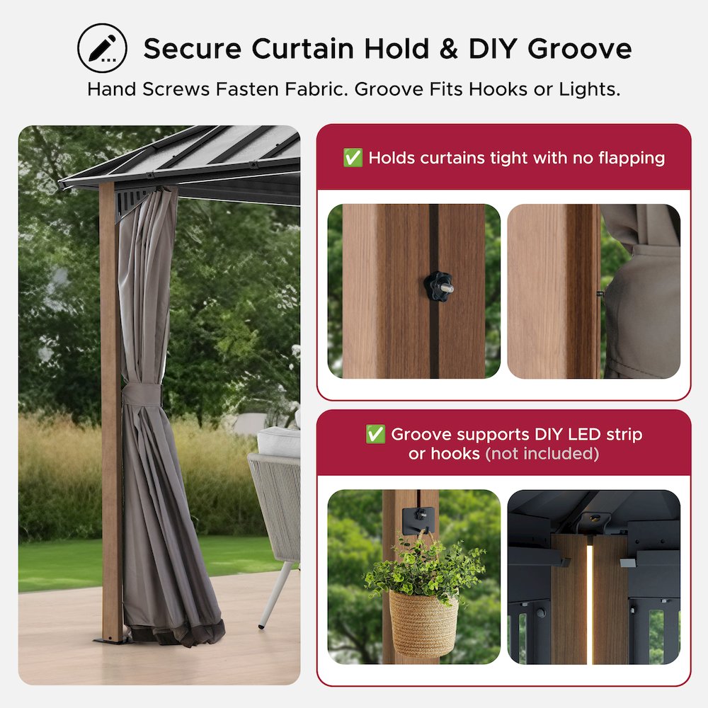 12 ft x 10 ft Hardtop Gazebo with Steel & PC Roof, Woodgrain Aluminum Frame