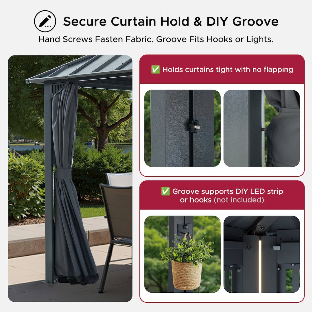 16 ft x 12 ft Aluminum Frame Steel Double Roof Hardtop Rectangular Gazebo, Grey