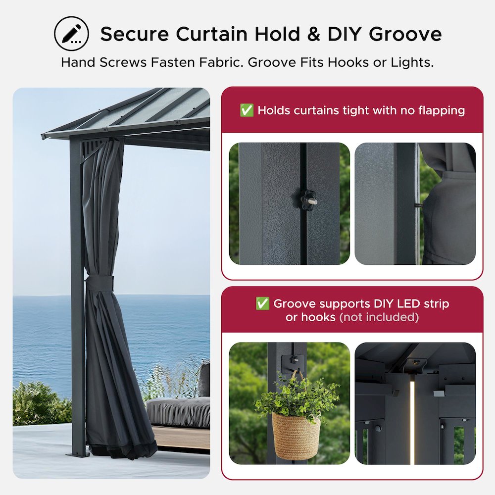 16 ft x 12 ft Hardtop Gazebo, Steel & PC Roof, Gray Woodgrain Aluminum