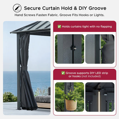 16 ft x 12 ft Hardtop Gazebo, Steel & PC Roof, Gray Woodgrain Aluminum