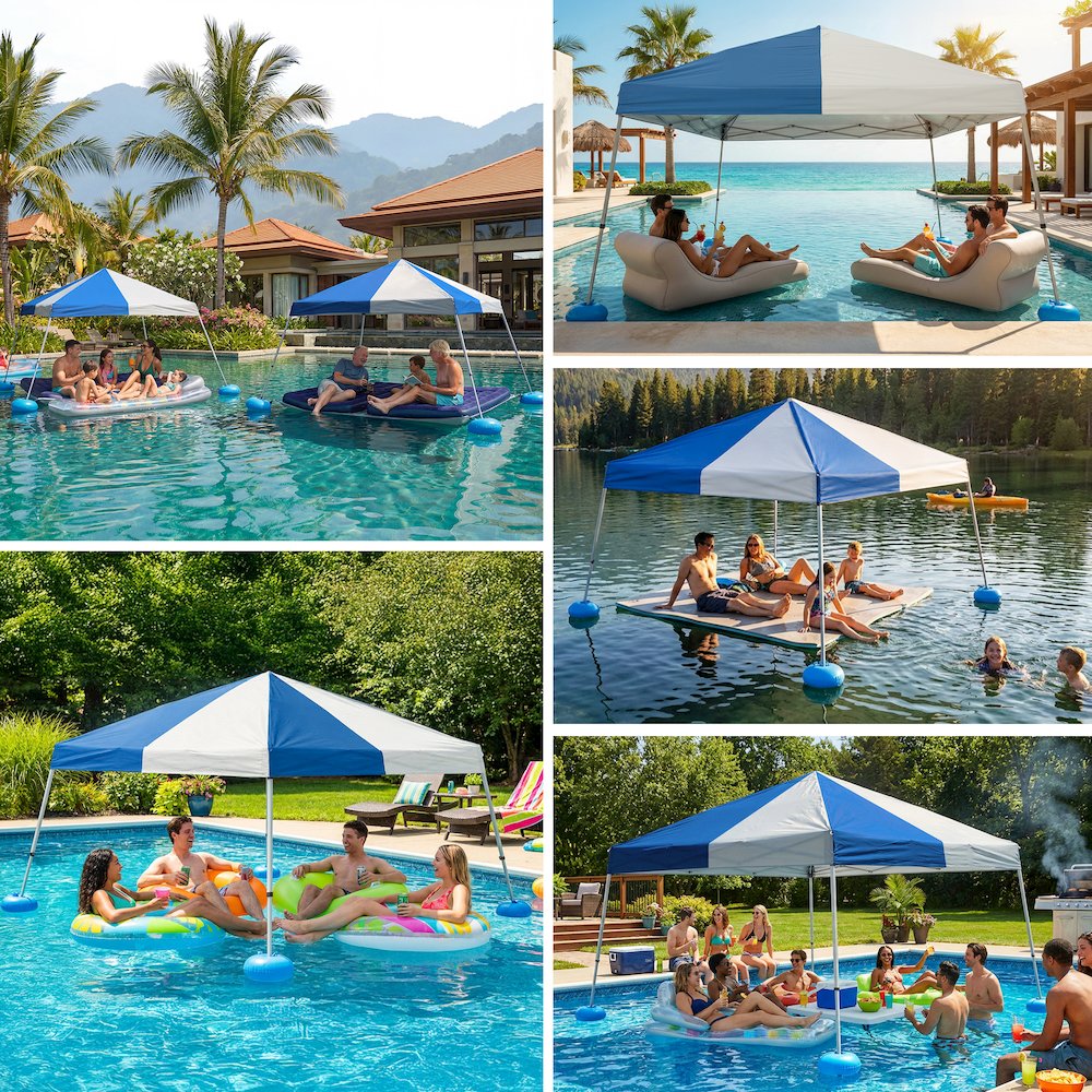 Grey and Navy Floating Pool Canopy Pop Up Gazebo & PVC Floats and Air Pump