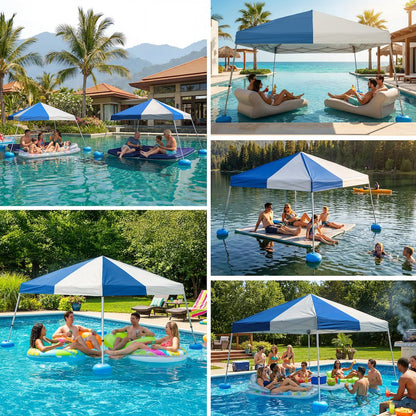 Grey and Navy Floating Pool Canopy Pop Up Gazebo & PVC Floats and Air Pump