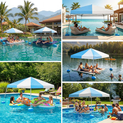 Grey and Light Blue Floating Pool Canopy Pop Up Gazebo & PVC Floats and Air Pump
