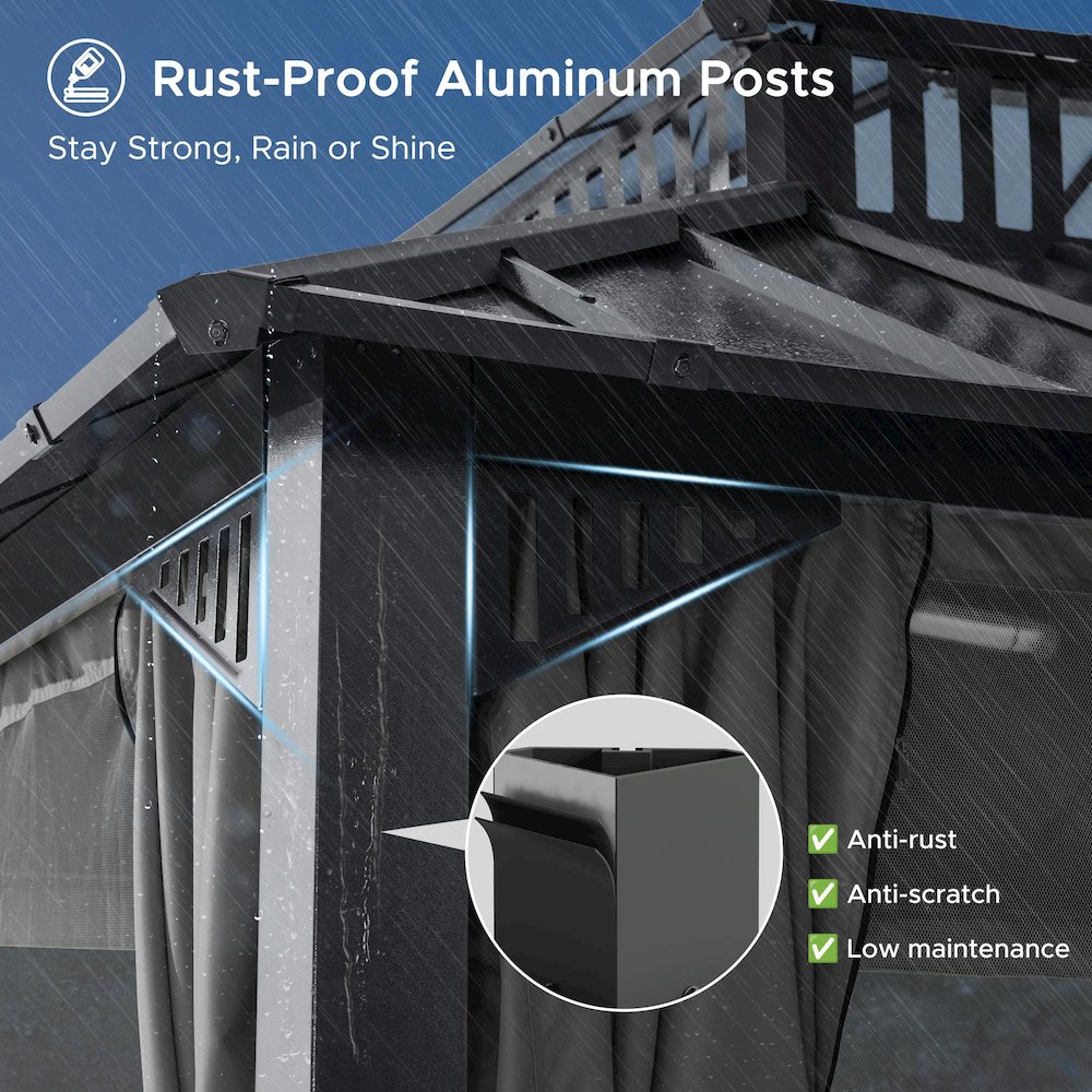 16 ft x 12 ft Hardtop Gazebo, Steel & PC Roof, Gray Woodgrain Aluminum