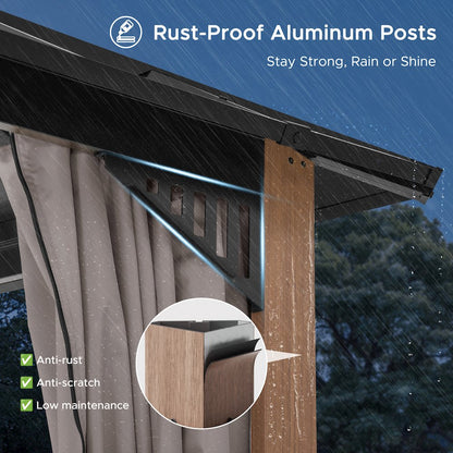 12 ft x 10 ft Hardtop Gazebo with Steel & PC Roof, Woodgrain Aluminum Frame