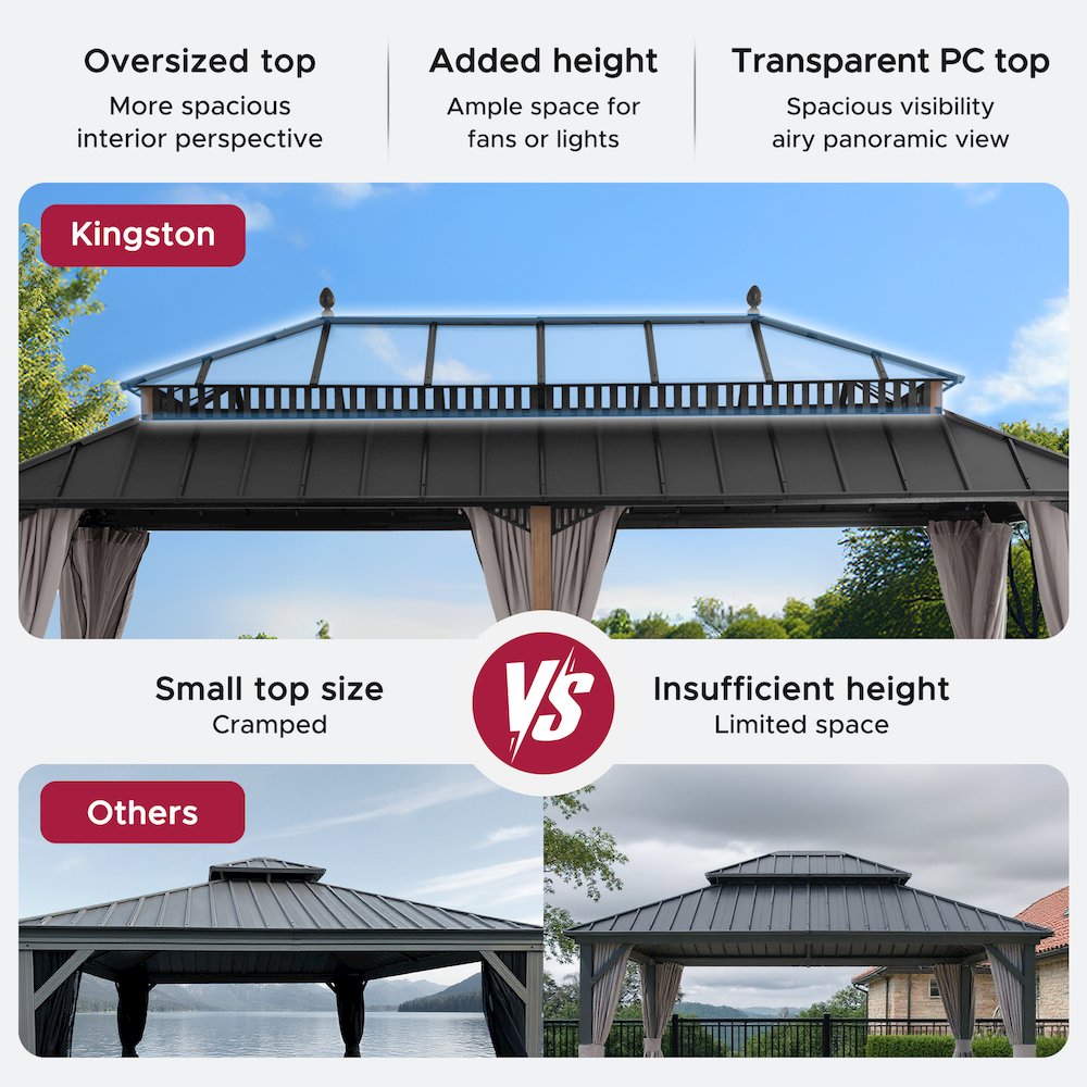 20 ft x 12 ft Aluminum Hardtop Gazebo with Polycarbonate Roof Hardtop, Woodgrain