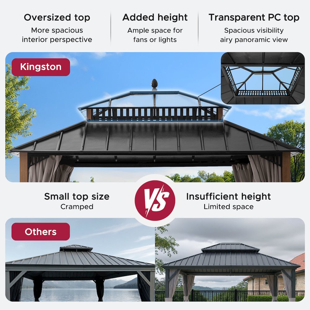 12 ft x 10 ft Hardtop Gazebo with Steel & PC Roof, Woodgrain Aluminum Frame