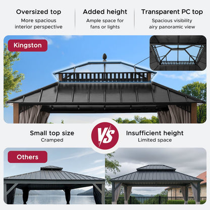 12 ft x 10 ft Hardtop Gazebo with Steel & PC Roof, Woodgrain Aluminum Frame