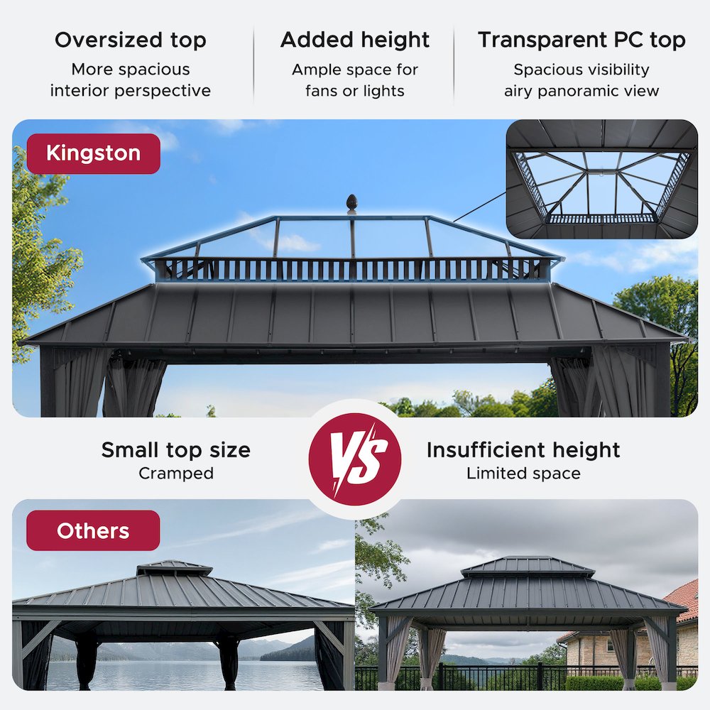16 ft x 12 ft Hardtop Gazebo, Steel & PC Roof, Gray Woodgrain Aluminum
