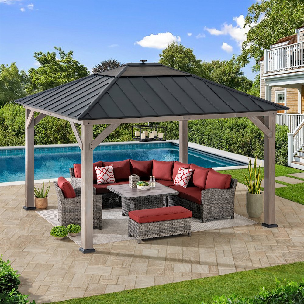 11 ft. x 13 ft. Grayden Cedar Framed Gazebo Black Steel Polycarbonate Hip Roof