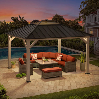 11 ft. x 13 ft. Grayden Cedar Framed Gazebo Black Steel Polycarbonate Hip Roof