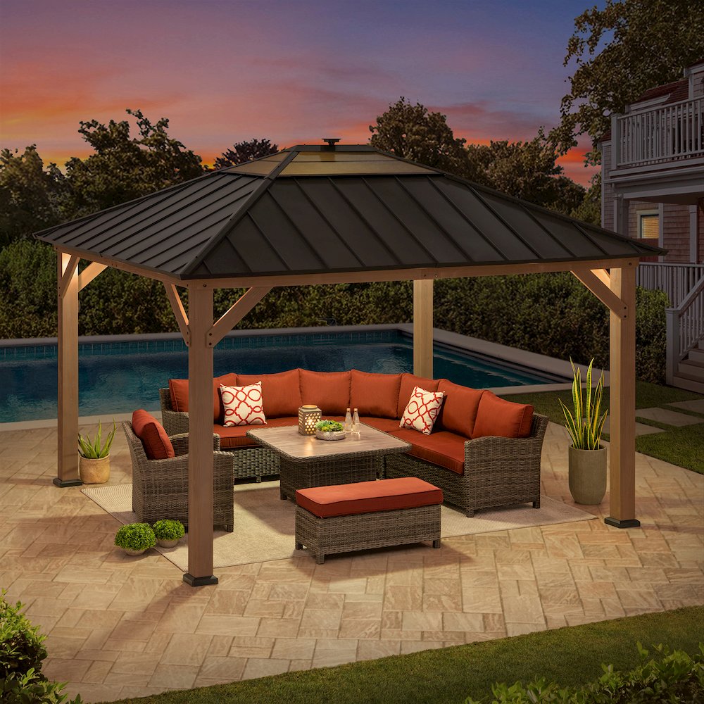 11 ft. x 13 ft. Cedar Framed Gazebo with Brown Steel and Polycarbonate Hip Roof