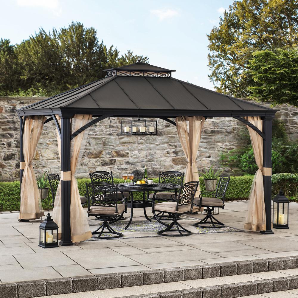 Sunjoy Outdoor Patio 11x13 Black 2-Tier Aluminum Backyard Hardtop Gazebo