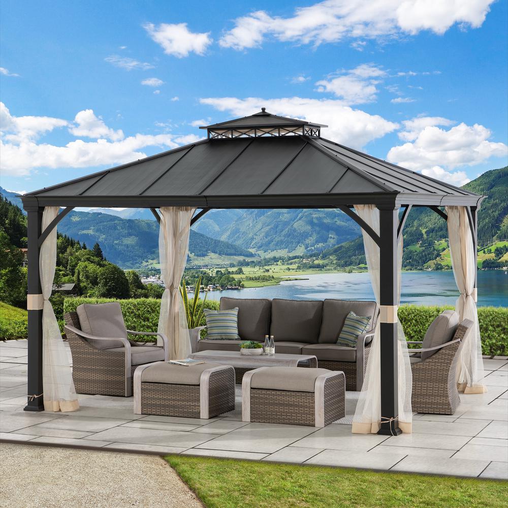 10 ft. x 12 ft. Brown Steel Gazebo with 2-tier Hip Roof Hard Top