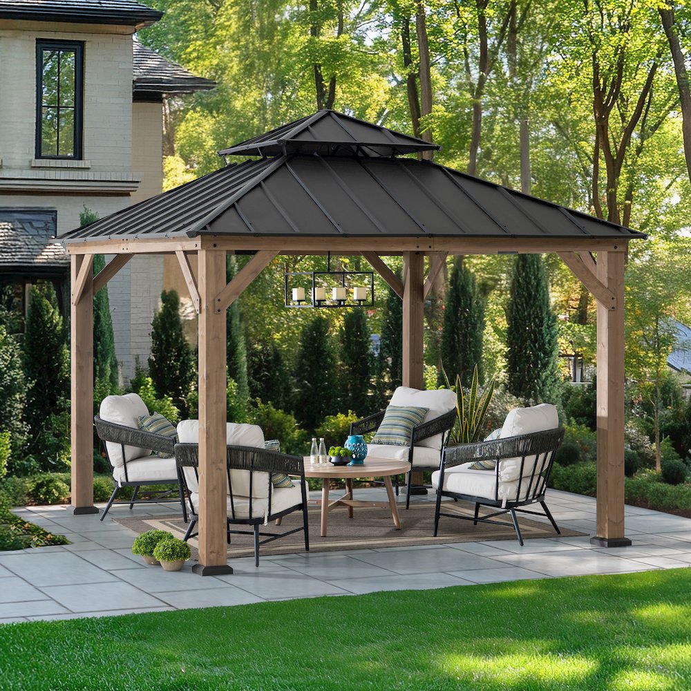 11 ft. x 11 ft. Brown 2-Tier Wooden Cedar Frame Patio Steel Hardtop Gazebo