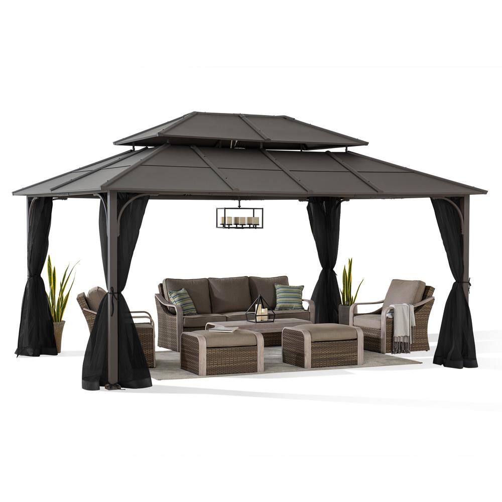 Sunjoy 12 ft. x 16 ft. Brown Steel Gazebo with 2-tier Hip Roof Hardtop