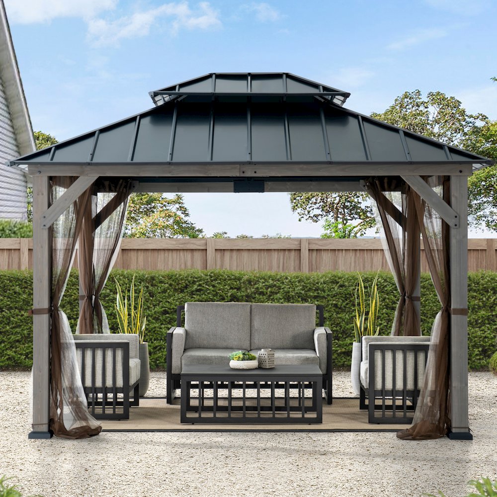 10 ft. x 12 ft. Cedar Wood Gazebo with Galvanized Steel Roof - Gray