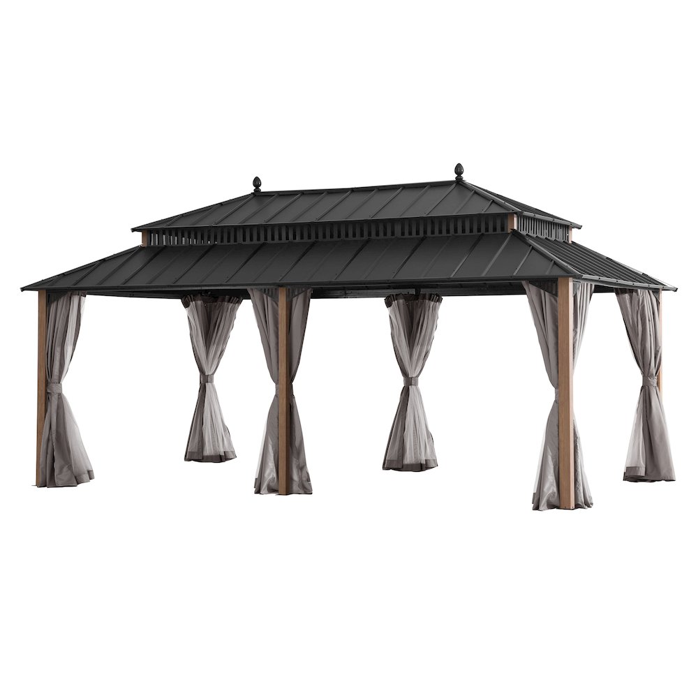 20 ft x 12 ft Hardtop Gazebo with Steel Roof, Woodgrain Aluminum Frame