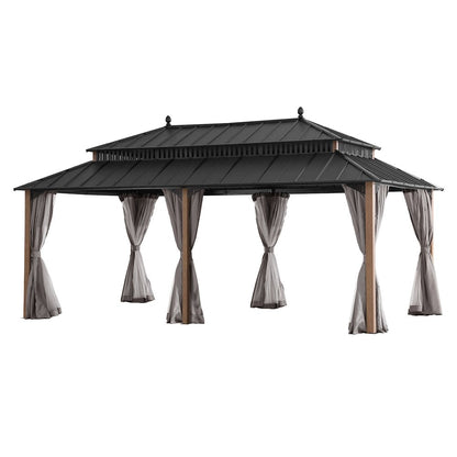 20 ft x 12 ft Hardtop Gazebo with Steel Roof, Woodgrain Aluminum Frame