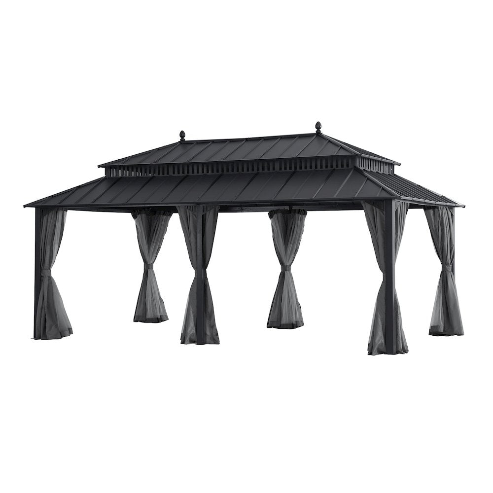 20 ft x 12 ft Aluminum Frame Steel Double Roof Hardtop Rectangular Gazebo, Grey