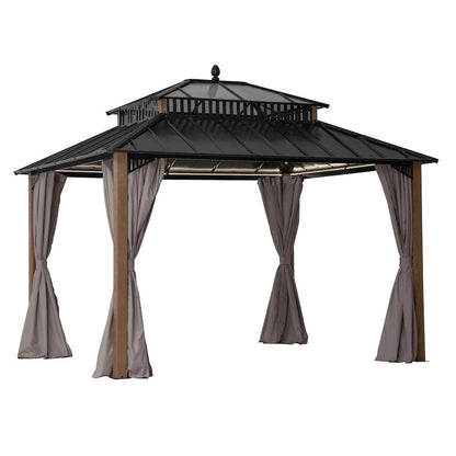 12 ft x 10 ft Hardtop Gazebo with Steel & PC Roof, Woodgrain Aluminum Frame