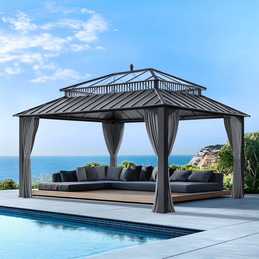 16 ft x 12 ft Hardtop Gazebo, Steel & PC Roof, Gray Woodgrain Aluminum