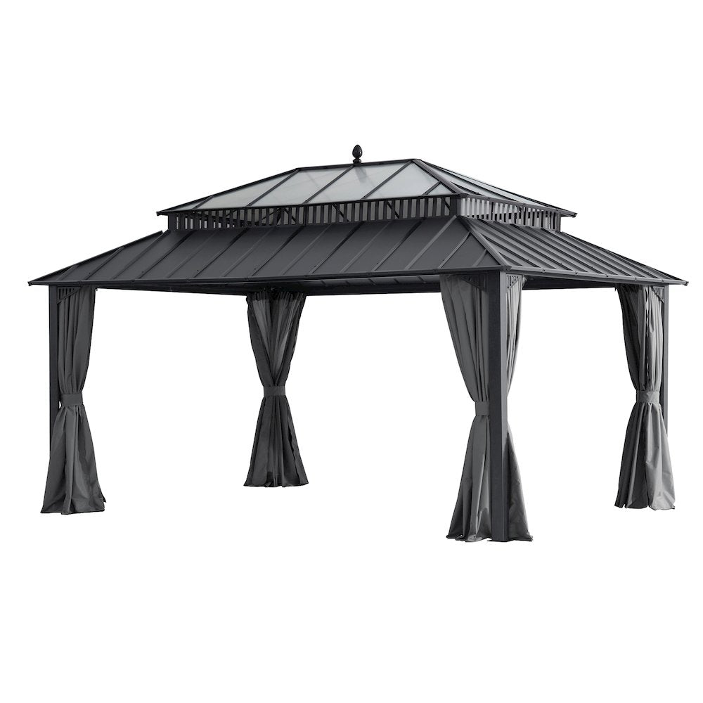 16 ft x 12 ft Hardtop Gazebo, Steel & PC Roof, Gray Woodgrain Aluminum