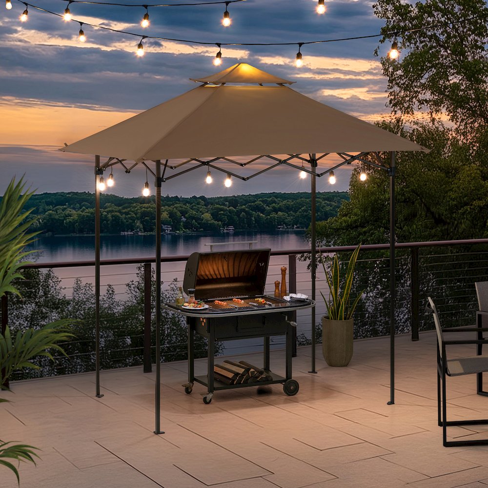 8x5 ftPop up Grill Gazebo with Magnetic LED Light and Carrying Bag, Brown