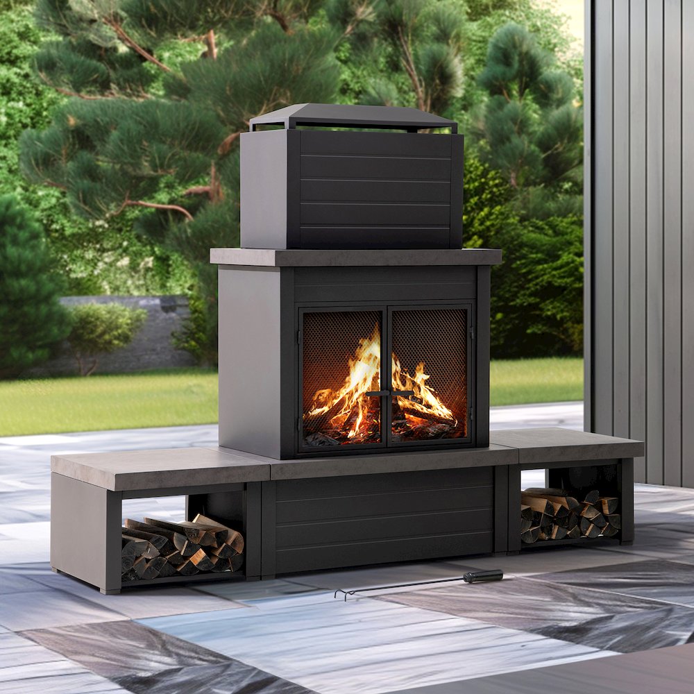 Wood Burning Fireplace-Matte Black Outdoor Steel Fireplace with Chimney