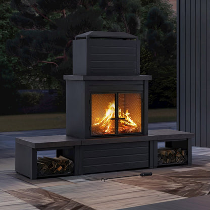 Wood Burning Fireplace-Matte Black Outdoor Steel Fireplace with Chimney