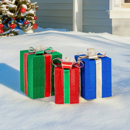 Sunjoy 3D Lighted Gift Box Tinsel Santa Holiday Outdoor Christmas Decoration Set