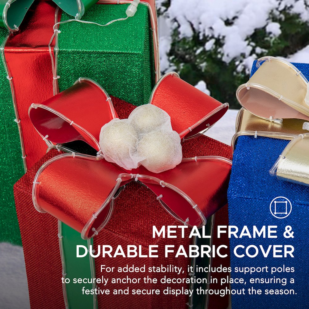 Sunjoy 3D Lighted Gift Box Tinsel Santa Holiday Outdoor Christmas Decoration Set