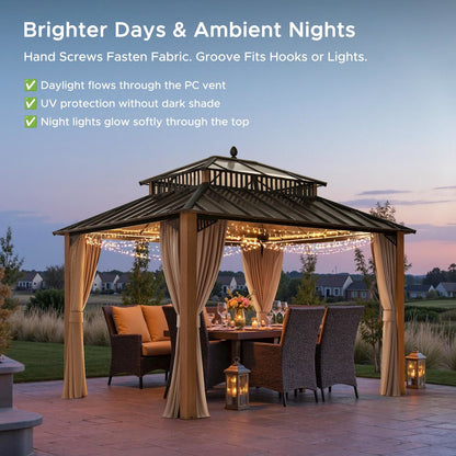 12 ft x 10 ft Hardtop Gazebo with Steel & PC Roof, Woodgrain Aluminum Frame