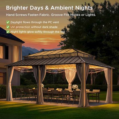 20 ft x 12 ft Aluminum Hardtop Gazebo with Polycarbonate Roof Hardtop, Woodgrain