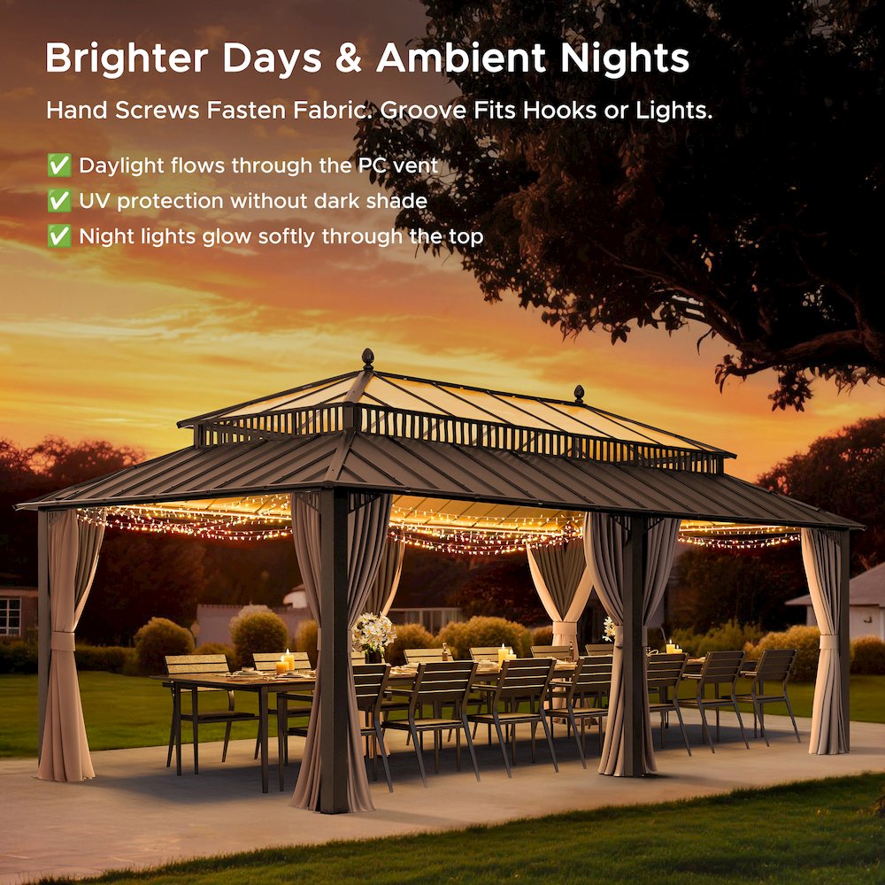 20 ft x 12 ft Hardtop Gazebo with Steel Roof, Brown Aluminum Frame