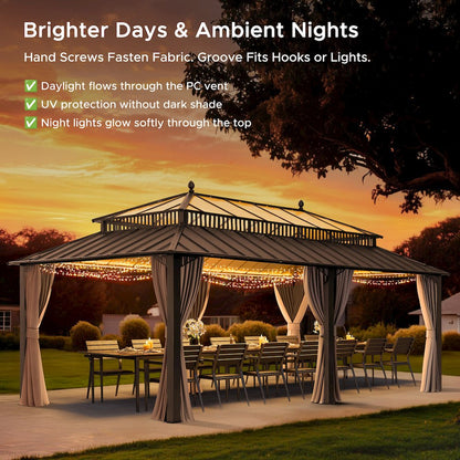 20 ft x 12 ft Hardtop Gazebo with Steel Roof, Brown Aluminum Frame