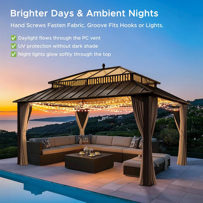 16 ft x 12 ft Hardtop Gazebo, Steel & Polycarbonate Roof, Brown Aluminum Posts