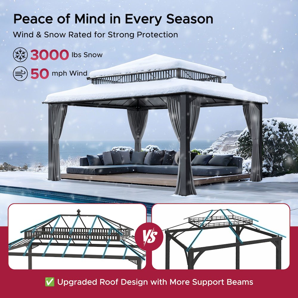 16 ft x 12 ft Hardtop Gazebo, Steel & PC Roof, Gray Woodgrain Aluminum
