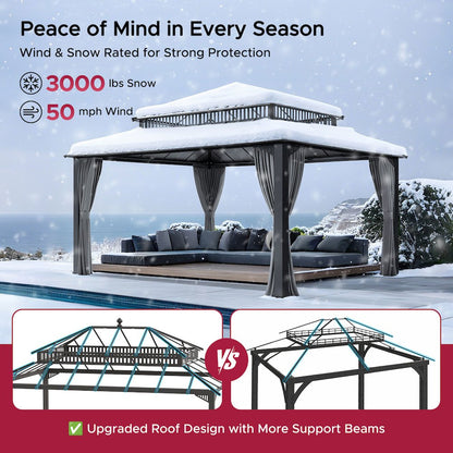 16 ft x 12 ft Hardtop Gazebo, Steel & PC Roof, Gray Woodgrain Aluminum